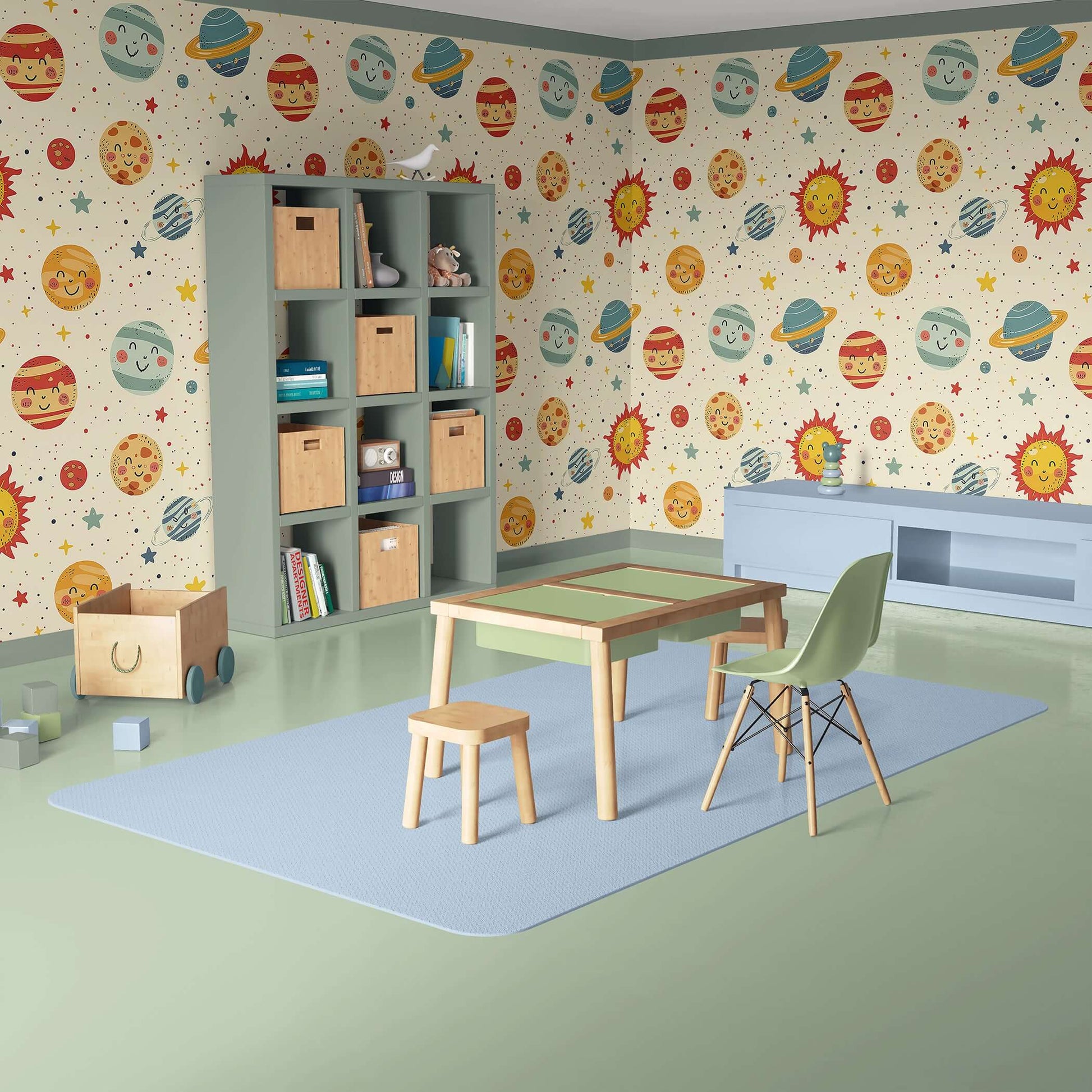 Playful space-themed nursery with Cosmic Smiles wallpaper featuring happy planets, stars, and sun, perfect for kids' rooms and playrooms.