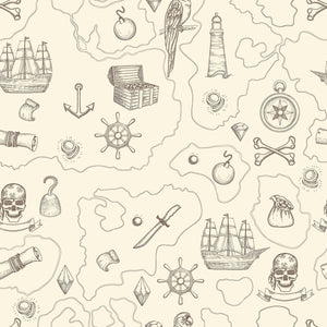 Pirate-themed treasure map wallpaper with ships, compasses, skulls, and coastal adventure elements for children's playroom or nursery.