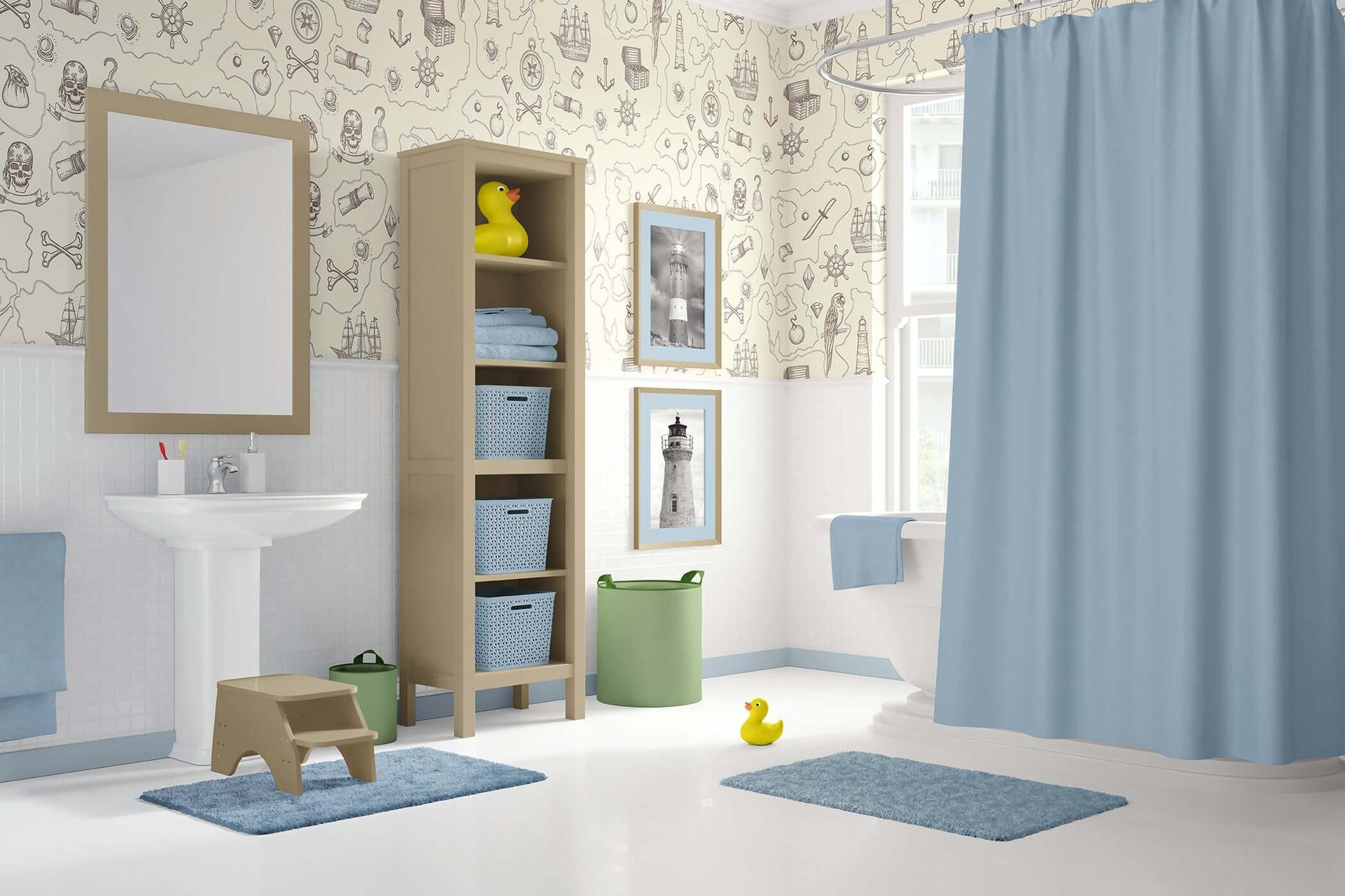 Children's playroom with Treasure Map Adventure wallpaper featuring pirate ships, compasses, and treasure chests, ideal for nurseries.