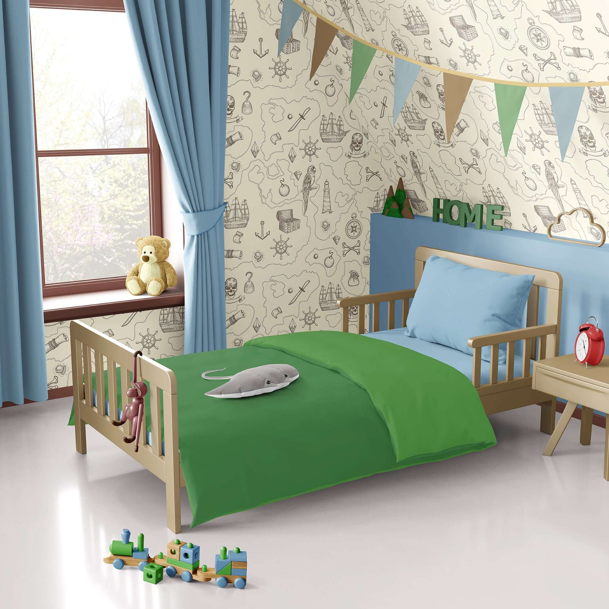 Children's playroom with Treasure Map Adventure wallpaper featuring pirate ships, perfect for coastal-themed nurseries.