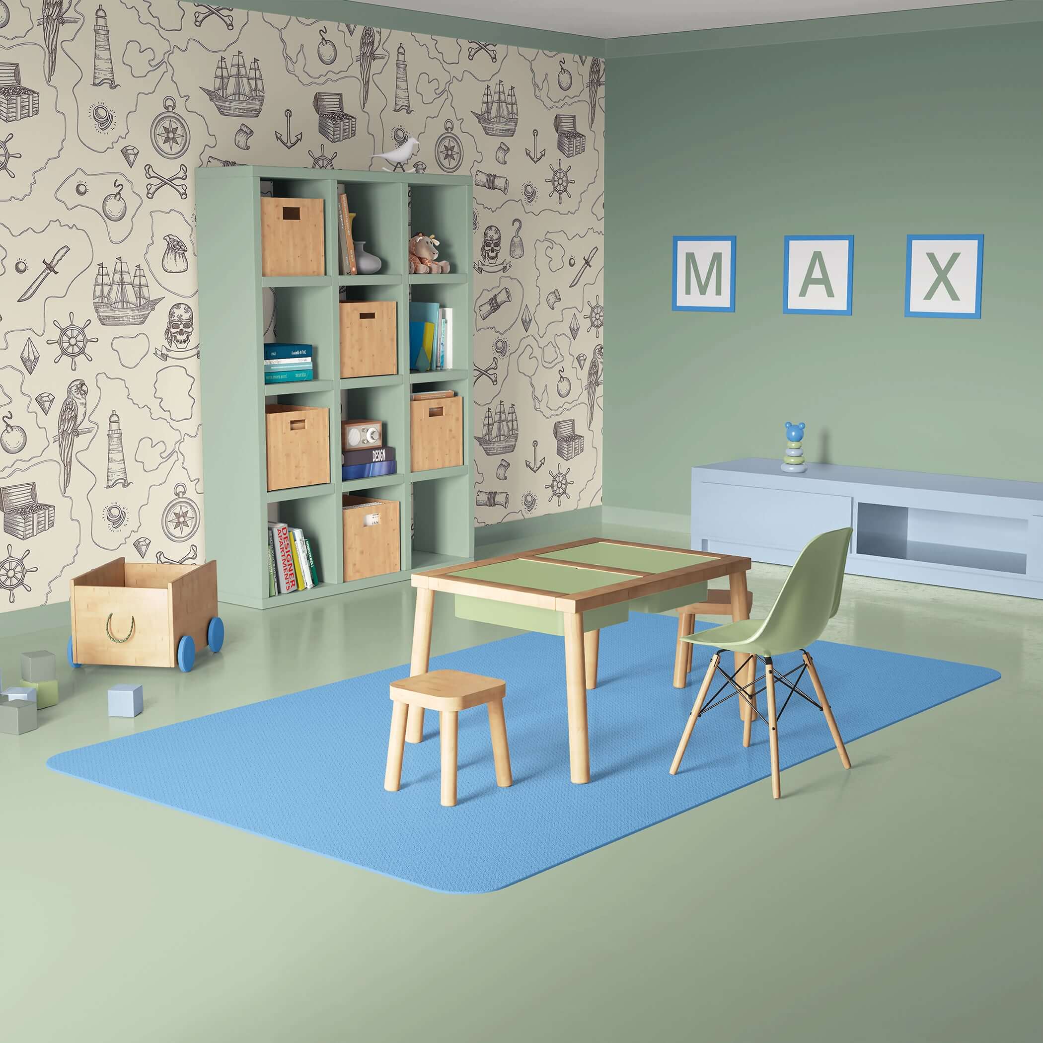Children's room featuring nautical treasure map wallpaper with hand-drawn pirate ships, perfect coastal theme for playrooms or nurseries.