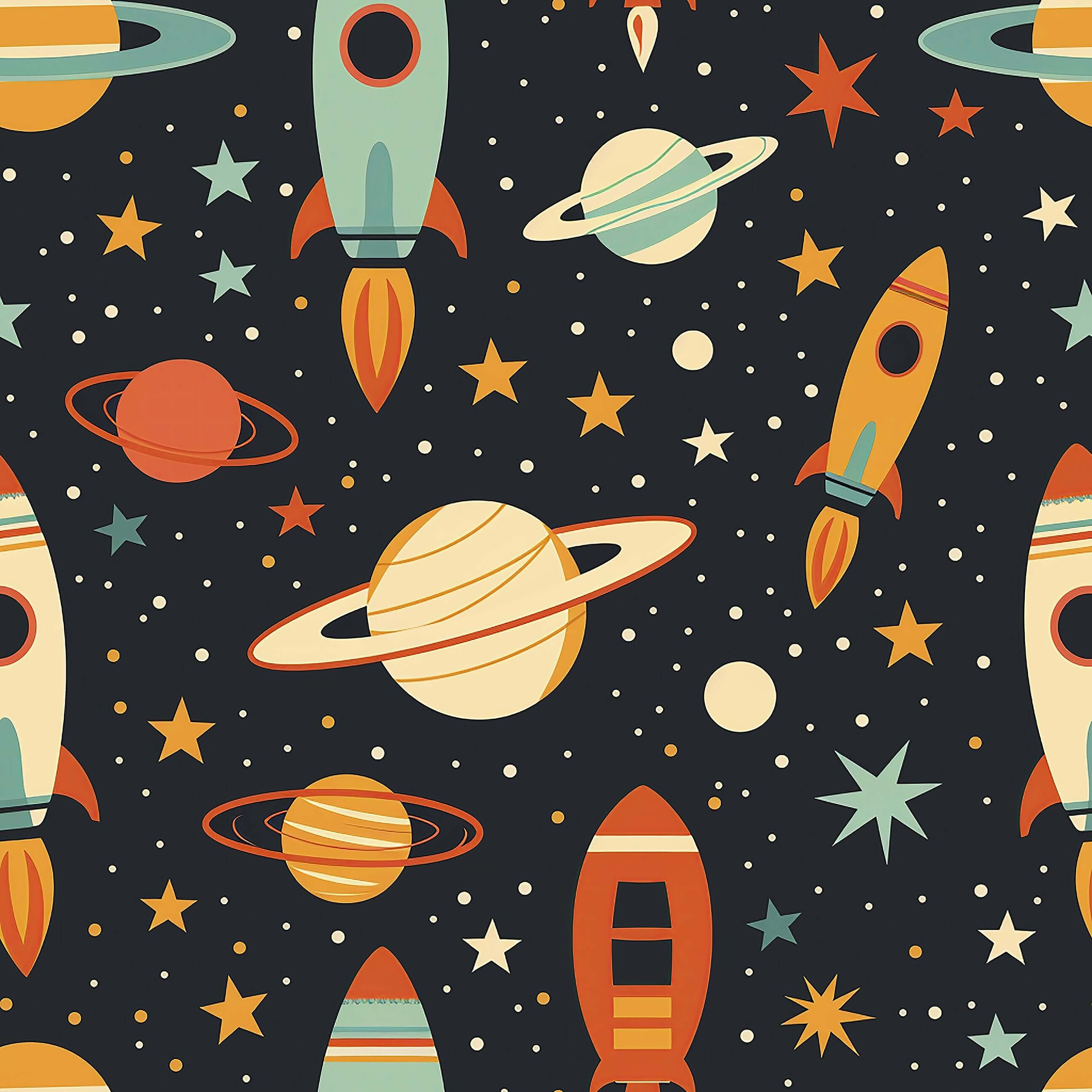 Vintage rocket wallpaper featuring colorful rockets, planets, and stars, perfect for a playful nursery or children's playroom.