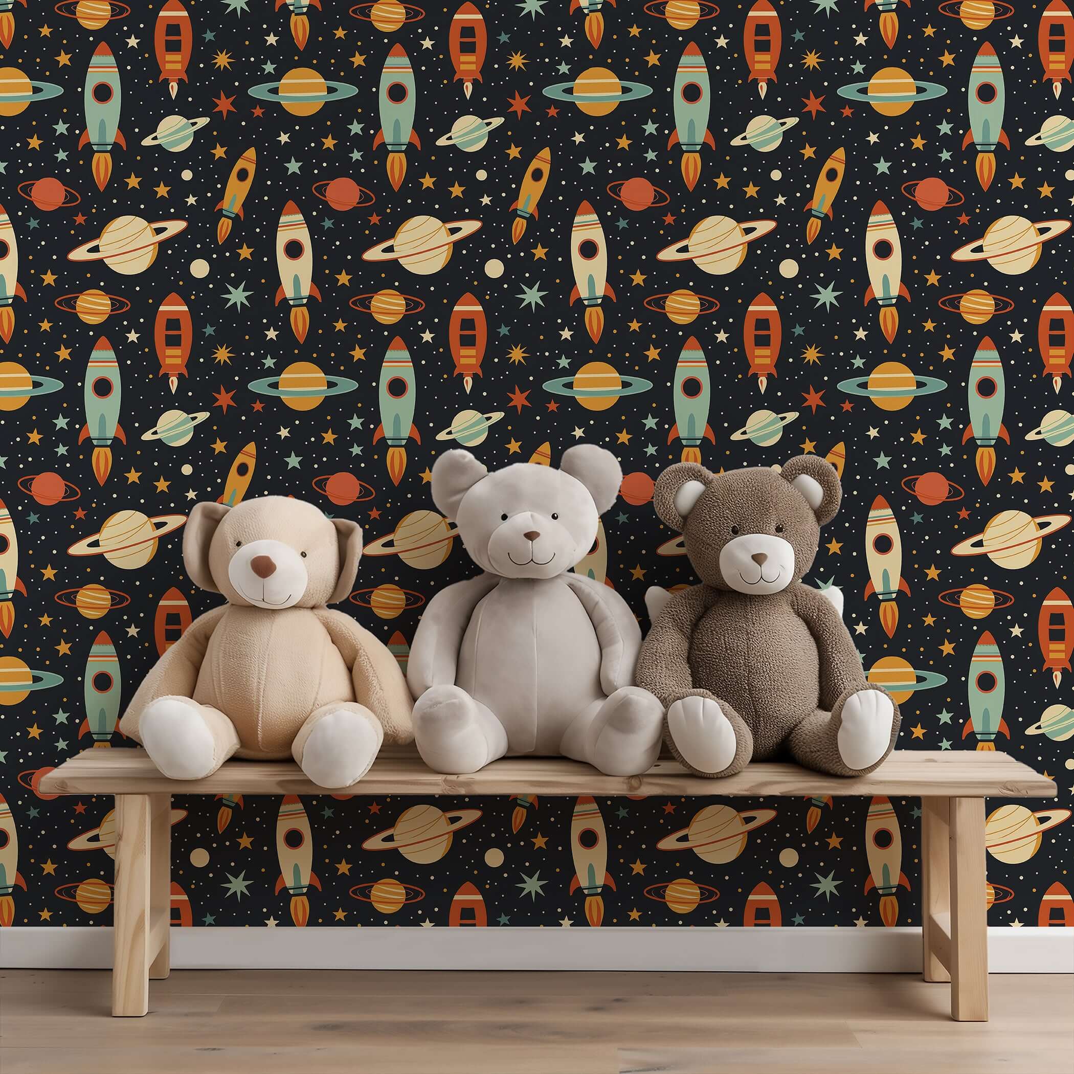 Retro Rocket Explorer wallpaper featuring vibrant rockets, planets, stars; perfect for children's nursery or playroom decor.