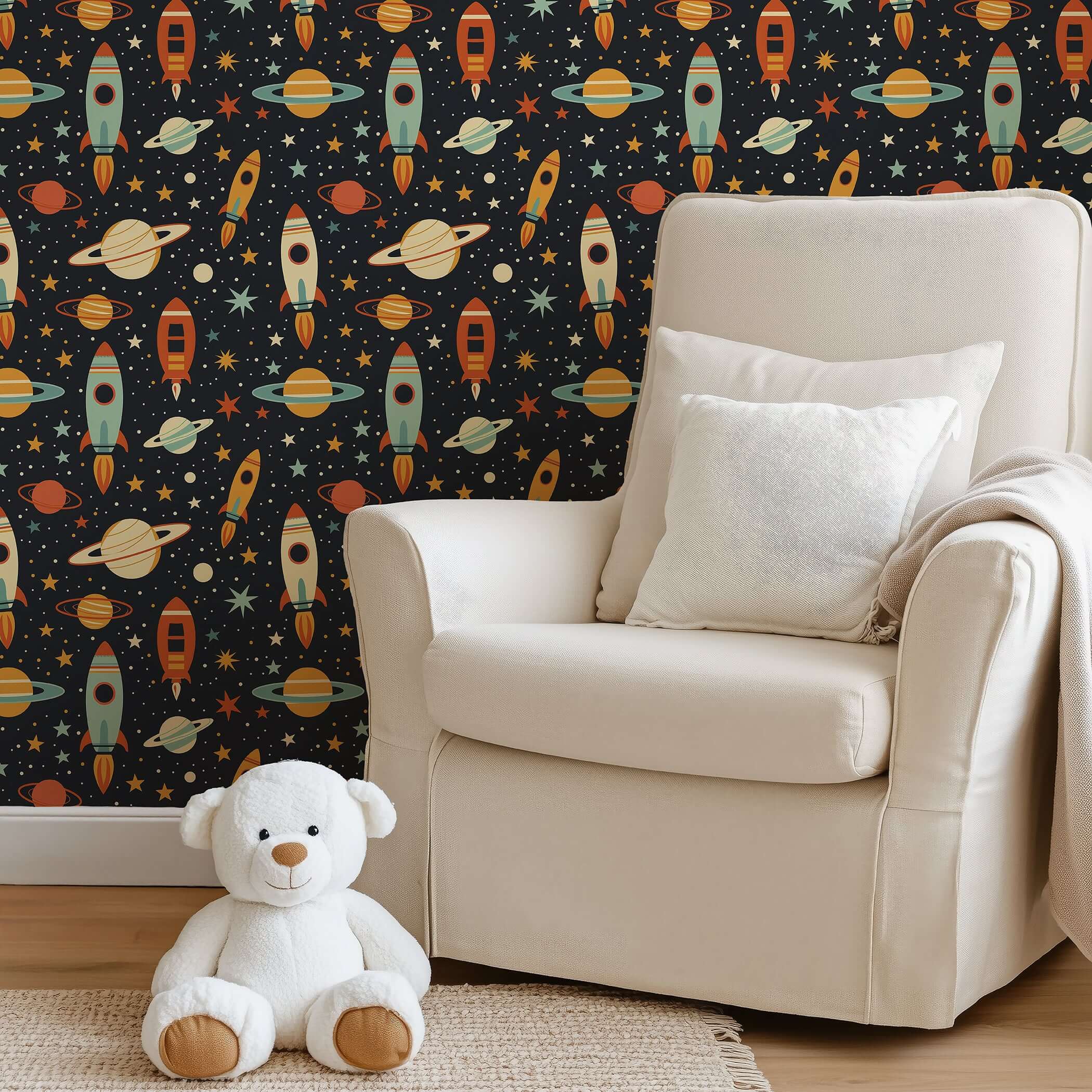 Retro Rocket Explorer wallpaper with rockets, stars, and planets, perfect for children's nursery or playroom decoration.