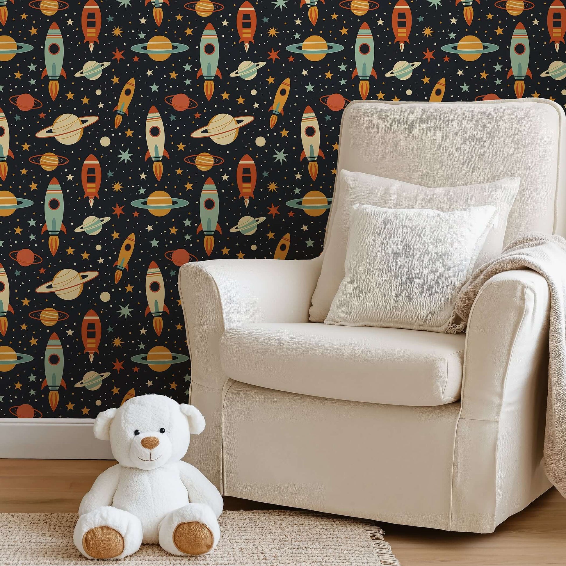 Retro Rocket Explorer wallpaper with rockets, stars, and planets, perfect for children's nursery or playroom decoration.