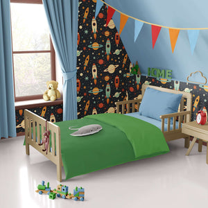 Children's room with Retro Rocket Explorer wallpaper, featuring rockets and stars, perfect for nursery and playroom decor.