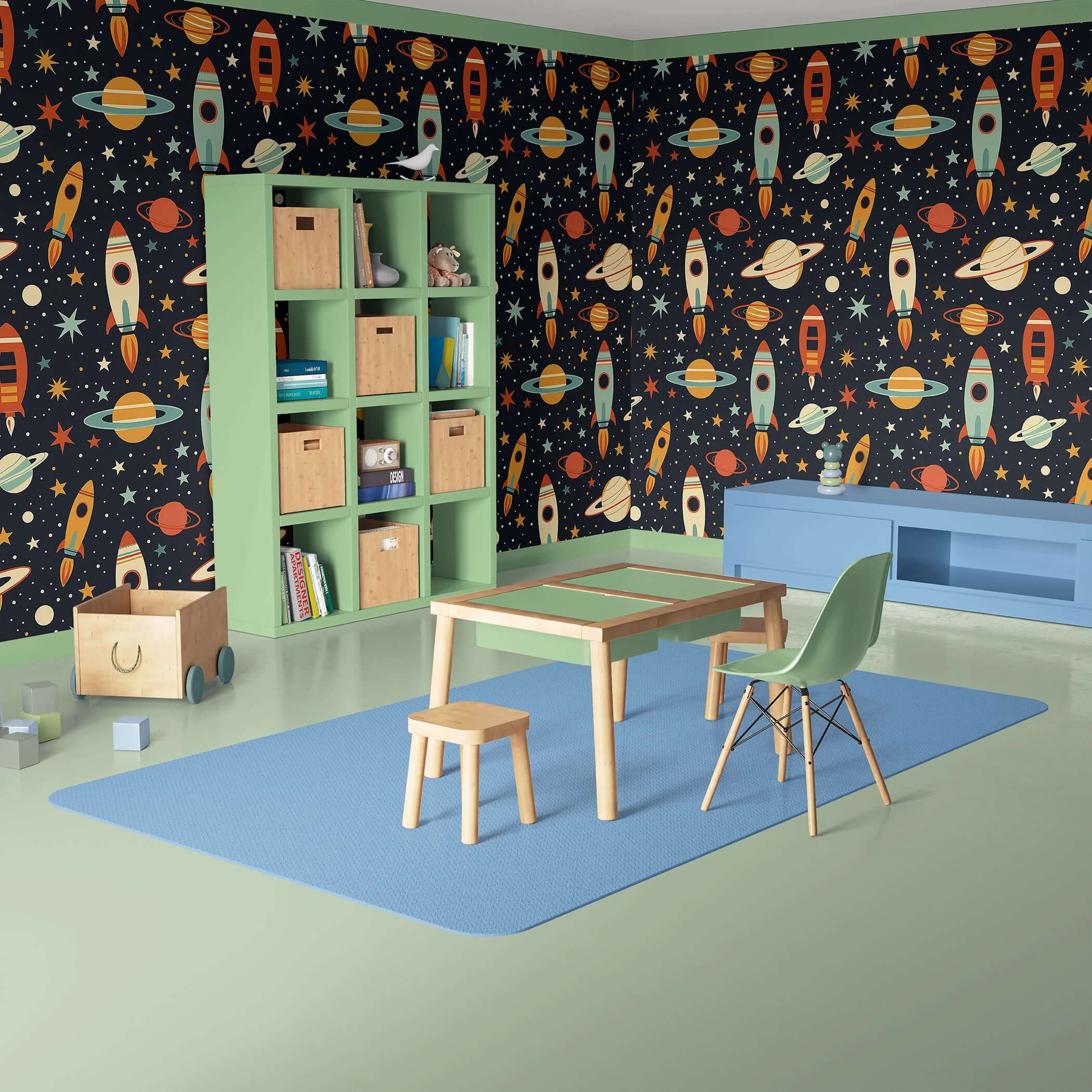 Retro Rocket Explorer wallpaper featuring rockets and planets, perfect for children's nursery or playroom space-themed decor.