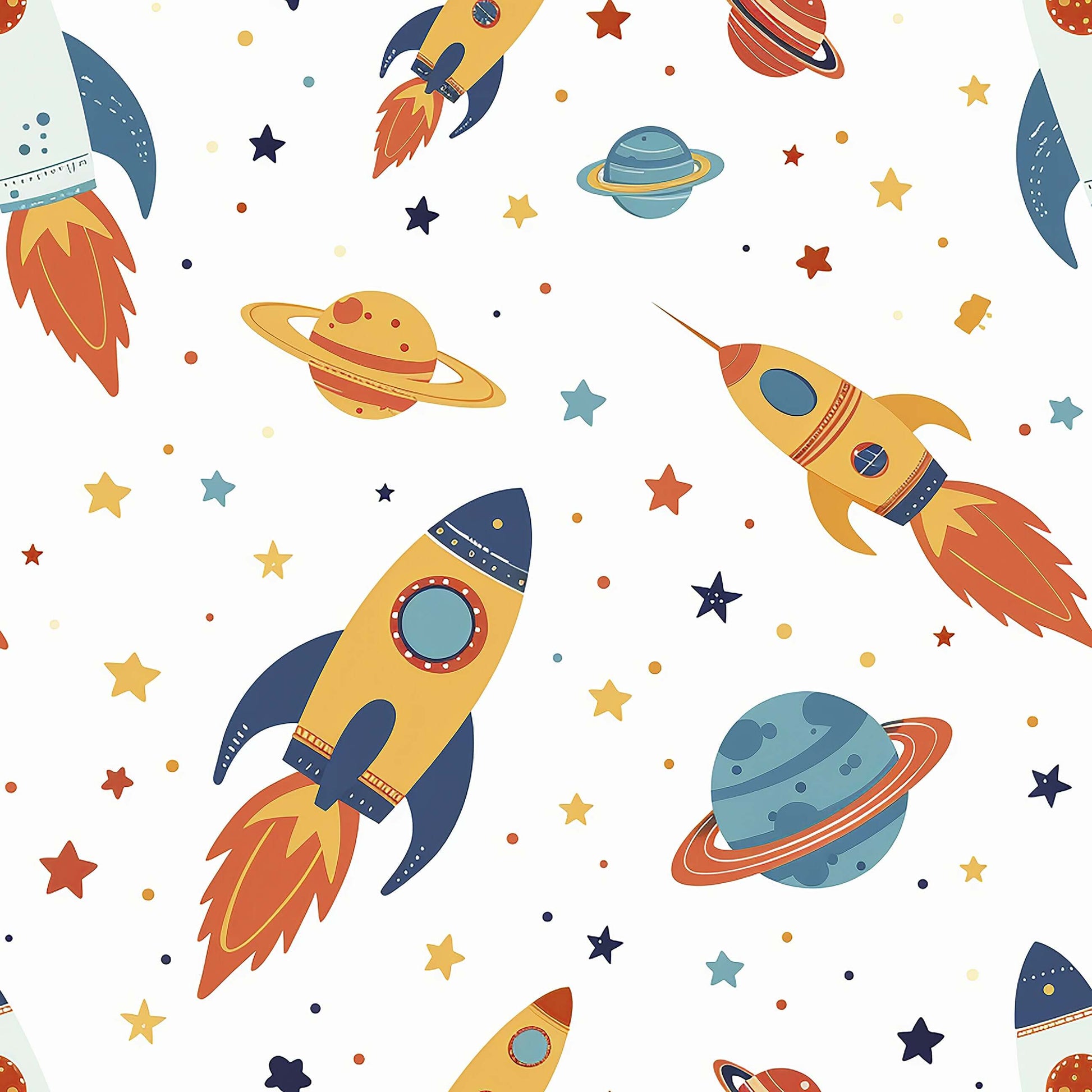 Playful space wallpaper featuring rockets, planets, and stars for kids' nurseries and playrooms, sparking curiosity and adventure.