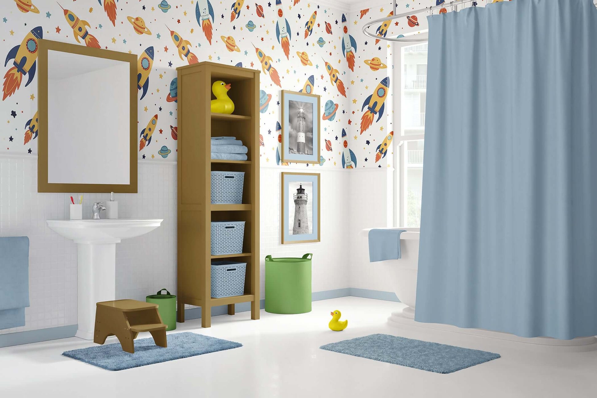 Children's bathroom with Galactic Adventure wallpaper featuring rockets and planets, adding a playful space-themed touch to the room.