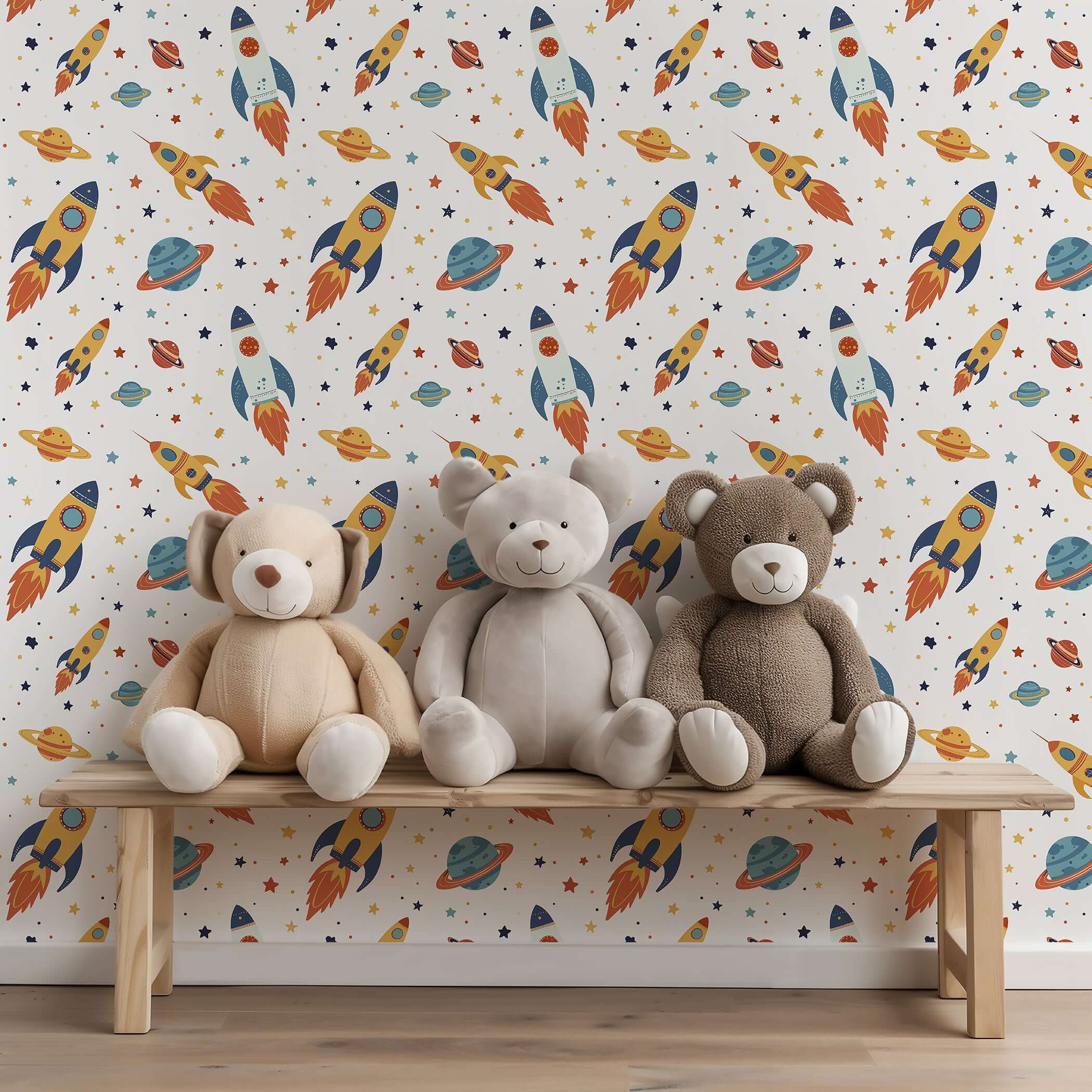 Galactic Adventure wallpaper with rockets, planets, and stars, perfect for nurseries or playrooms to inspire children's space curiosity.