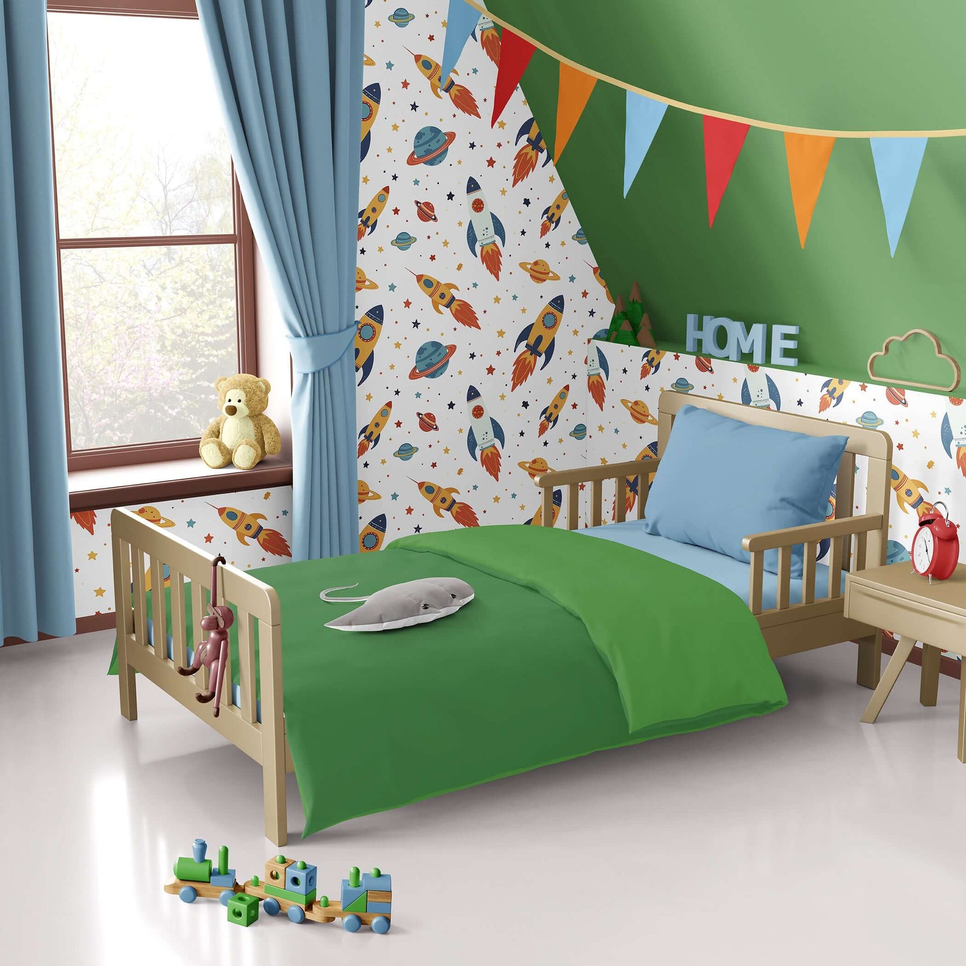 Bright playroom with Galactic Adventure wallpaper featuring rockets, planets, and stars; cheerful nursery decor for children.