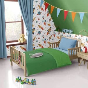 Bright playroom with Galactic Adventure wallpaper featuring rockets, planets, and stars; cheerful nursery decor for children.
