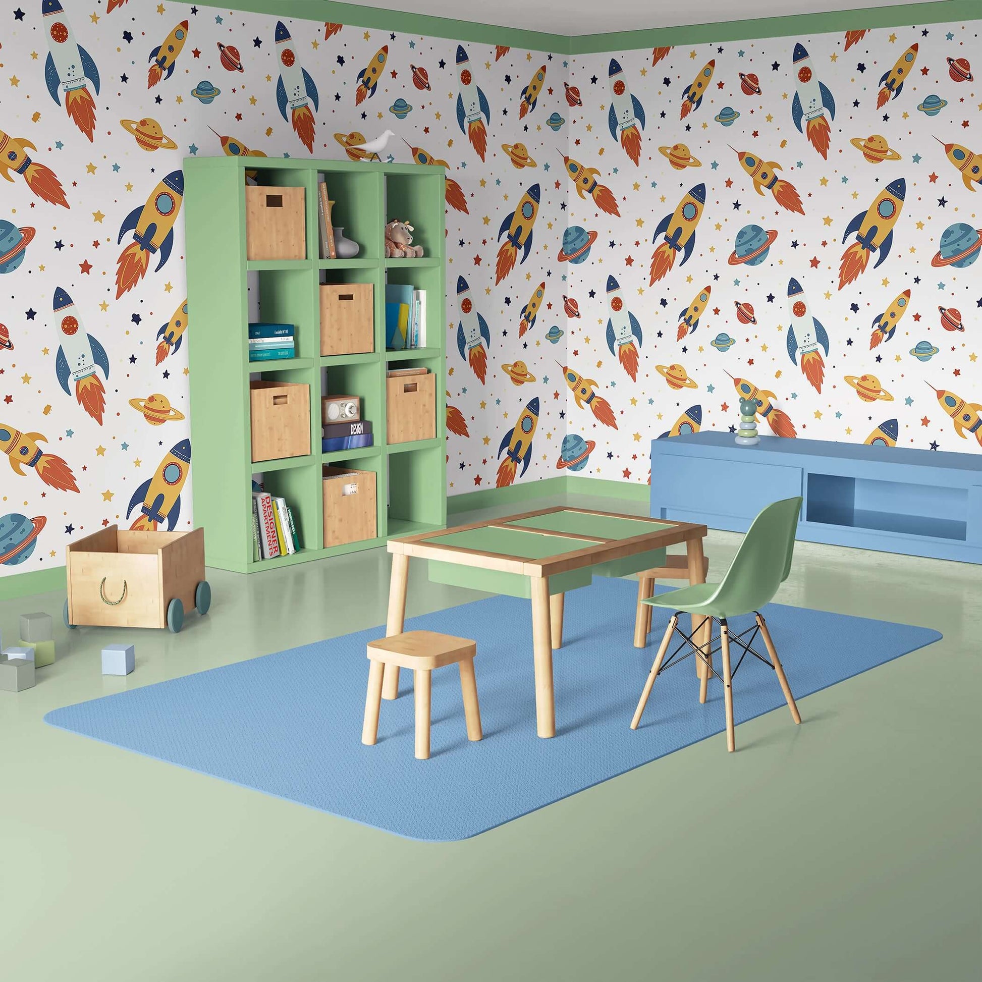 Space-themed nursery with Galactic Adventure wallpaper featuring rockets, planets, and stars, perfect for children and playrooms.