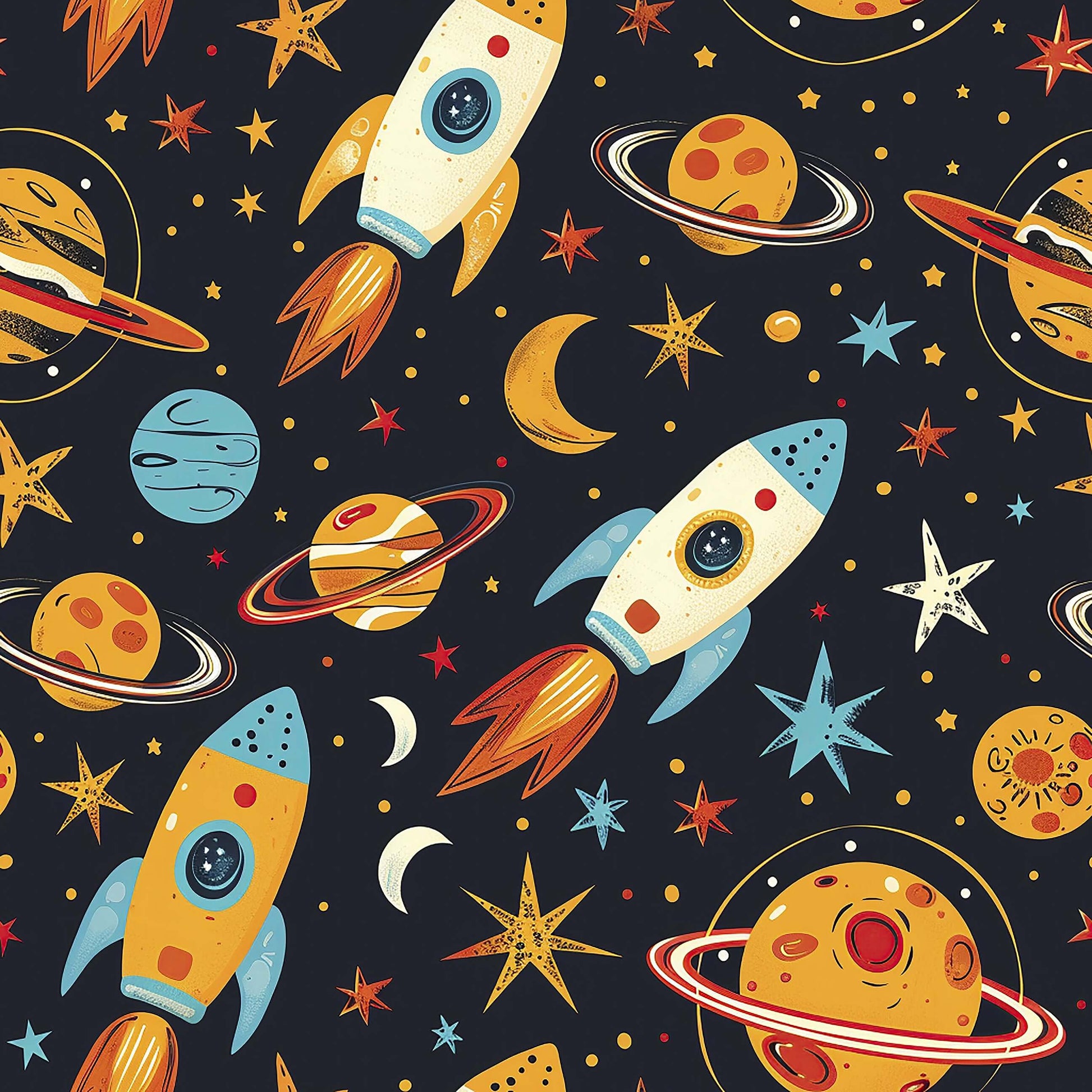 Space-themed wallpaper featuring retro rockets, planets, and stars on a dark background, perfect for children’s rooms and play areas.
