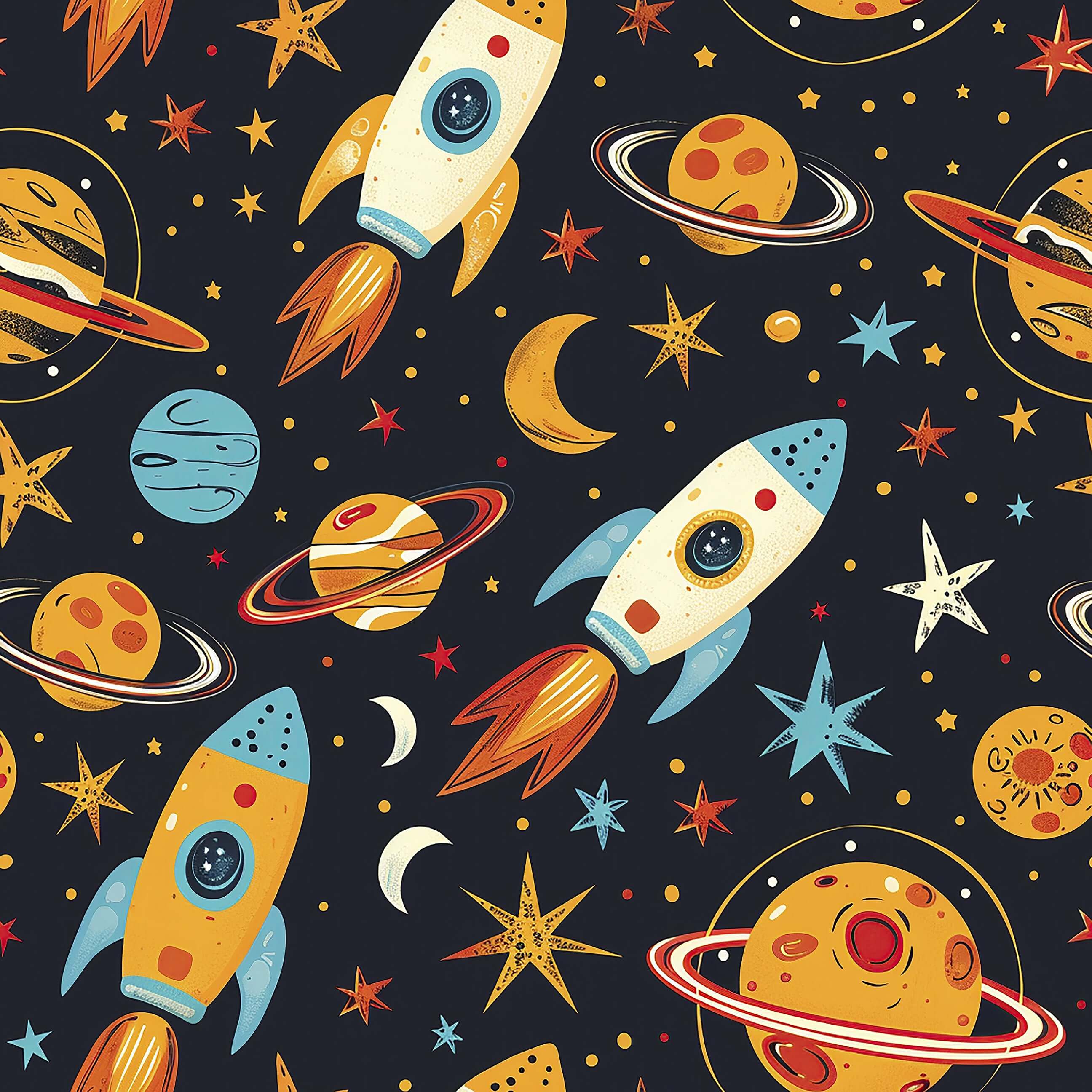 Space-themed wallpaper featuring retro rockets, planets, and stars on a dark background, perfect for children’s rooms and play areas.