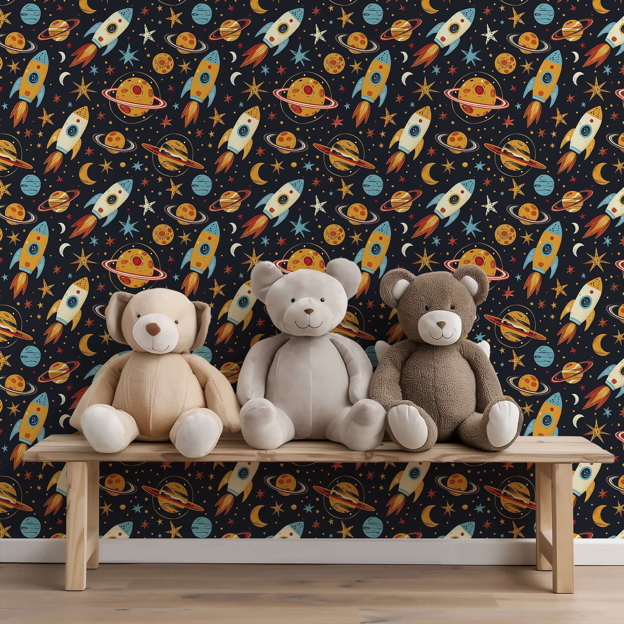 "Mission to Mars" space-themed wallpaper with rockets, planets, and stars in a nursery setting, perfect for children’s playroom."