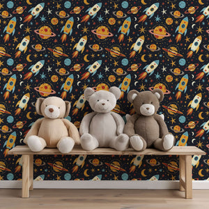 "Mission to Mars" space-themed wallpaper with rockets, planets, and stars in a nursery setting, perfect for children’s playroom."