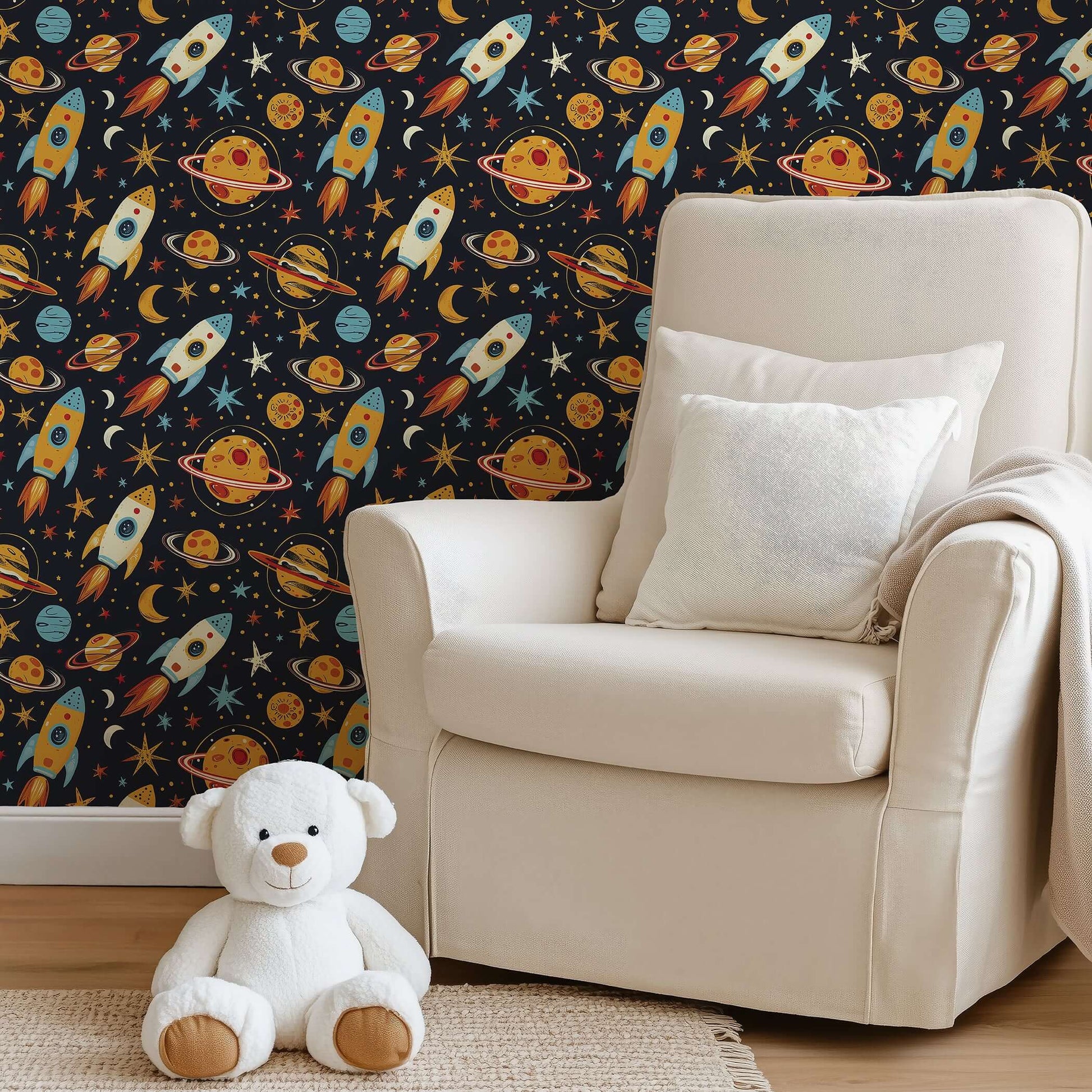 Space-themed wallpaper with rockets and planets, perfect for a children's nursery or playroom, featuring a dark background and vibrant design.