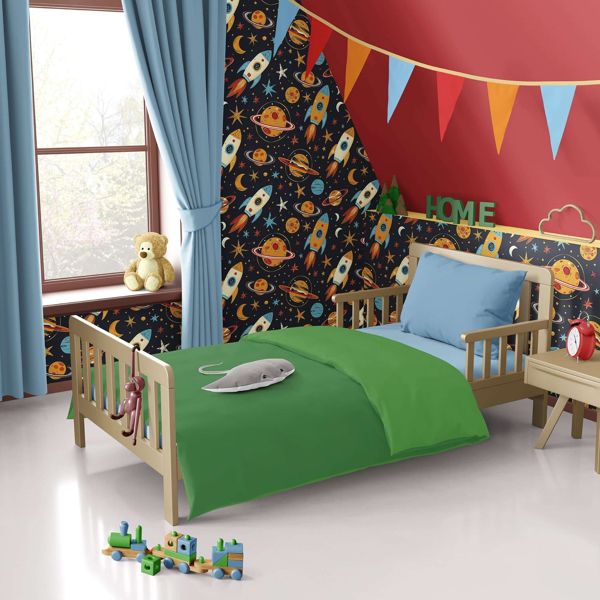 Children's playroom with Mission to Mars wallpaper featuring rockets, planets, and stars, complementing a fun and creative space. Rocket, solar system, planets, children, nursery, playroom.