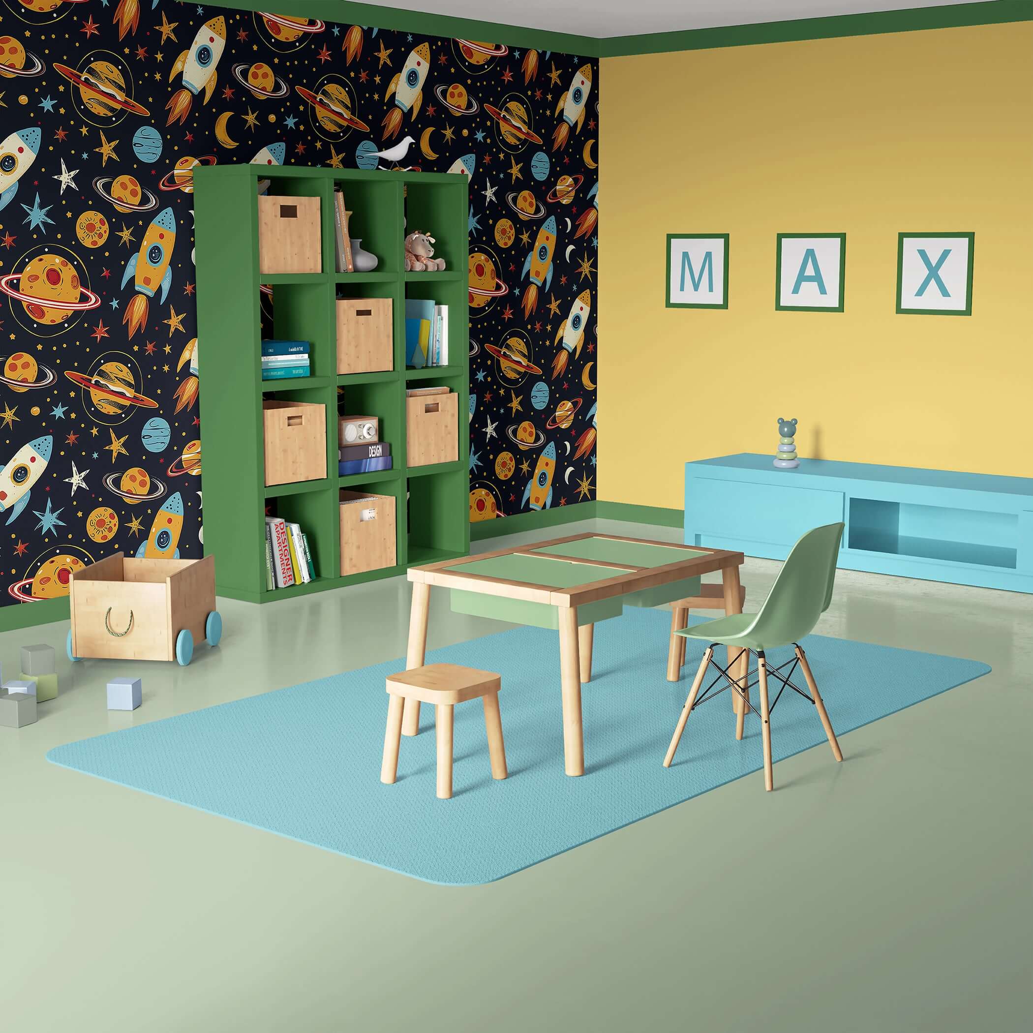 Space-themed wall with rockets and planets in child’s playroom, featuring Mission to Mars wallpaper for stimulating creativity.