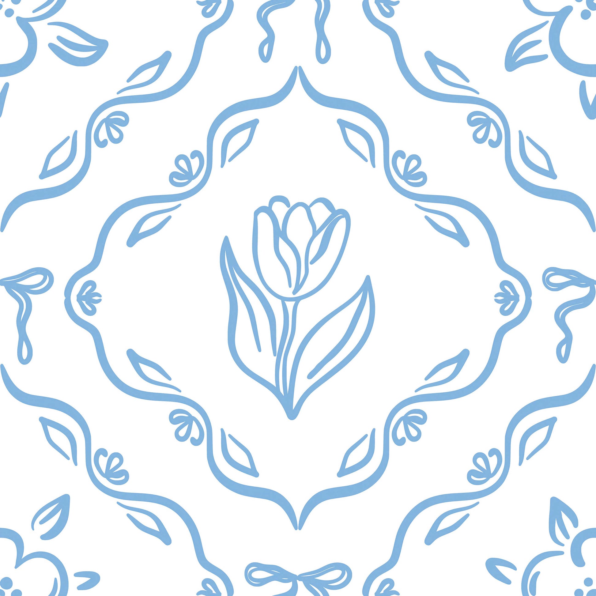 Elegant hand-drawn blue tulip wallpaper, perfect for French cottage-style playroom nursery with a classic European floral design.