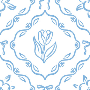 Elegant hand-drawn blue tulip wallpaper, perfect for French cottage-style playroom nursery with a classic European floral design.