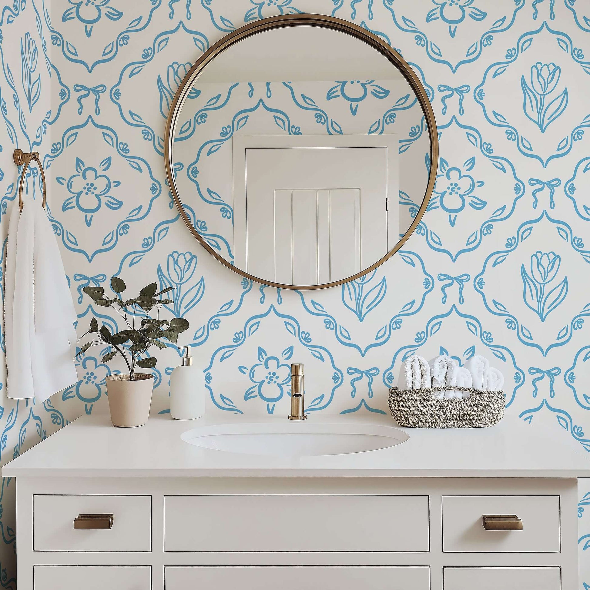 Classic blue tulip wallpaper in a bathroom; perfect for adding French cottage charm to children’s playrooms or nurseries.