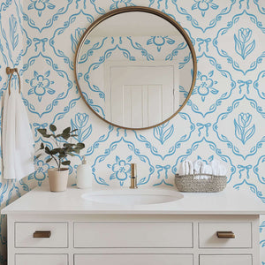 Classic blue tulip wallpaper in a bathroom; perfect for adding French cottage charm to children’s playrooms or nurseries.