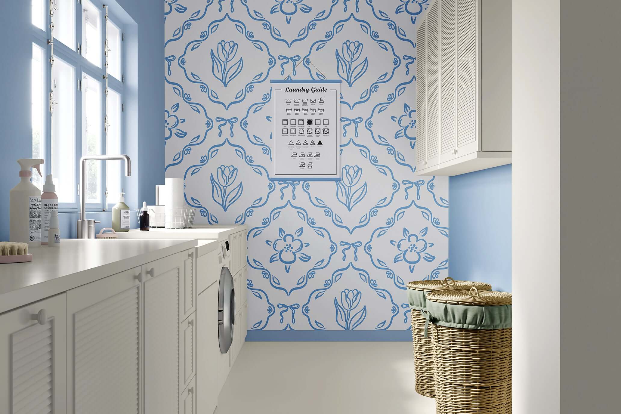 Classic European-style wallpaper with blue tulip design for a French cottage feel; perfect for a children's playroom or nursery.