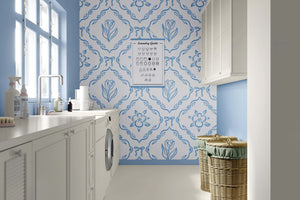 Classic European-style wallpaper with blue tulip design for a French cottage feel; perfect for a children's playroom or nursery.