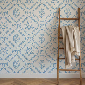 Little Dutch Delight wallpaper with blue tulip motifs, perfect for a French cottage or children's playroom nursery.