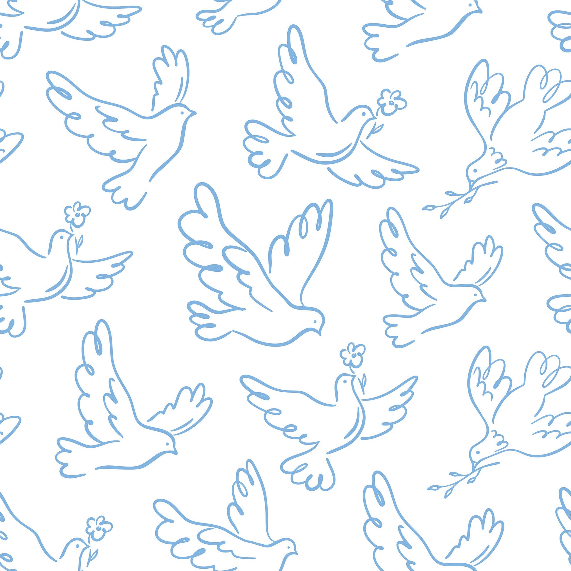 Whimsical Wings wallpaper with blue doves and branches, perfect for modern nursery or playroom, adds peace and joy to spaces.