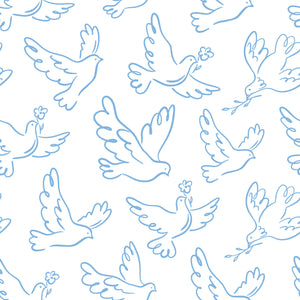 Whimsical Wings wallpaper with blue doves and branches, perfect for modern nursery or playroom, adds peace and joy to spaces.