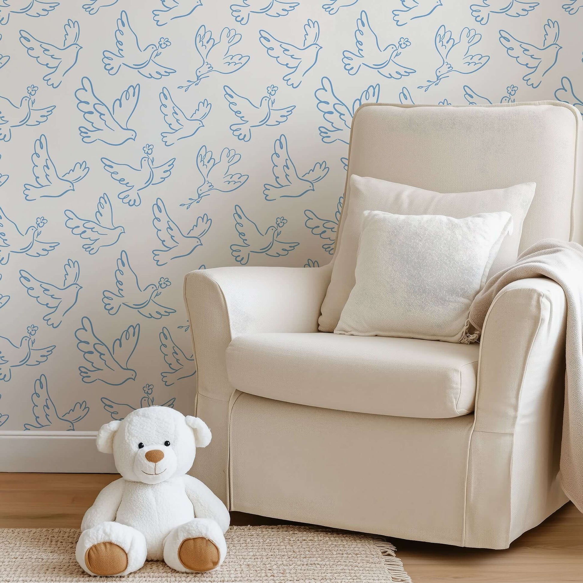 Graceful dove wallpaper with blue and white design, perfect for nurseries and playrooms. "Whimsical Wings" modern aesthetic.