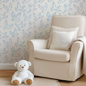 Graceful dove wallpaper with blue and white design, perfect for nurseries and playrooms. "Whimsical Wings" modern aesthetic.