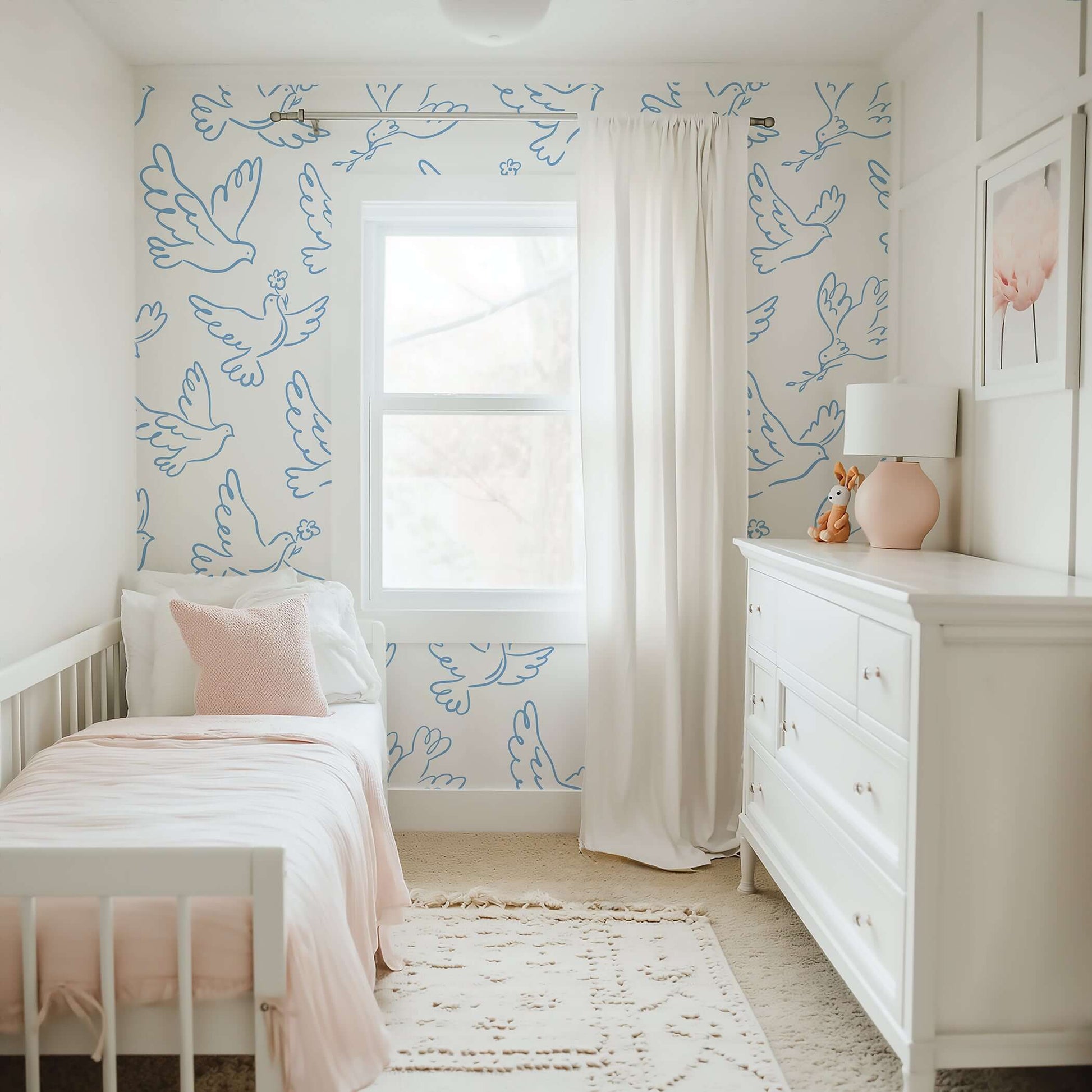 Minimalist wallpaper with blue doves on white background, perfect for baby nursery or playroom. Adds modern, serene design to children's spaces.