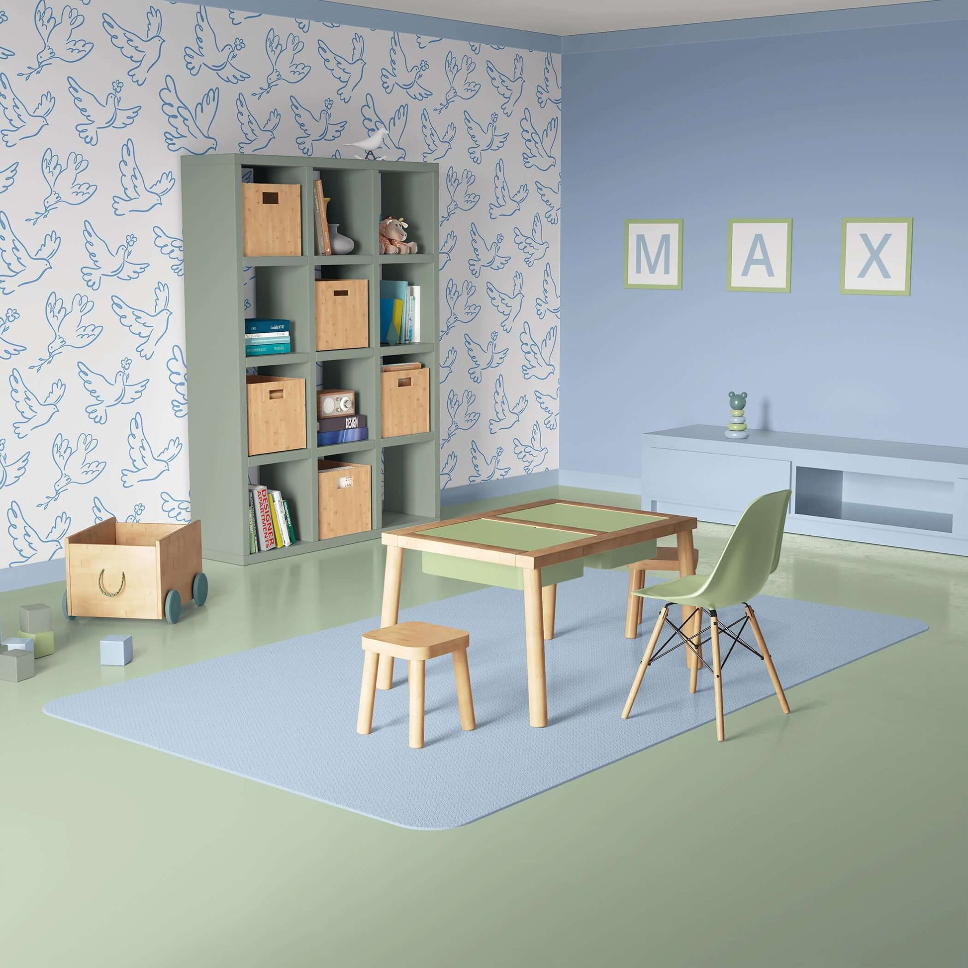 Children's playroom with Whimsical Wings wallpaper, featuring blue doves on white, modern green decor, perfect for nurseries.
