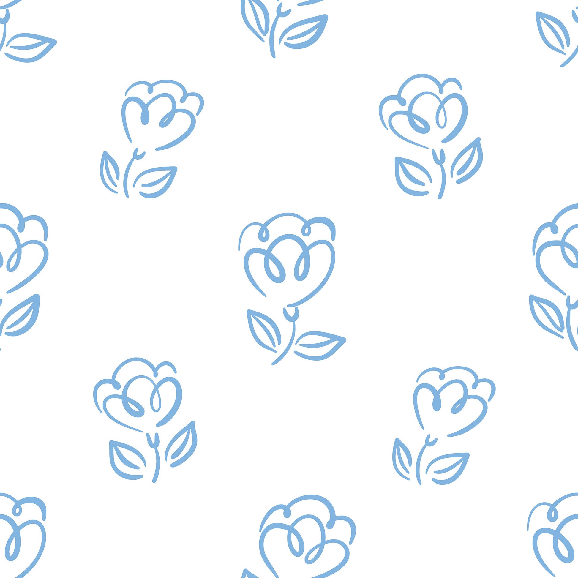 Sweetheart Blooms wallpaper with blue abstract flowers and heart-shaped petals on white, perfect for modern nurseries and playrooms.