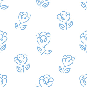 Sweetheart Blooms wallpaper with blue abstract flowers and heart-shaped petals on white, perfect for modern nurseries and playrooms.