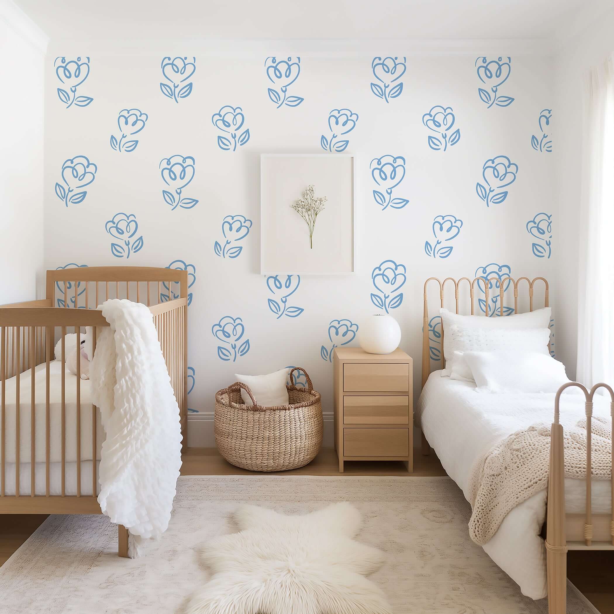 Sweetheart Blooms wallpaper with blue heart-shaped flowers on white backdrop, perfect for modern children's nursery or playroom decor.
