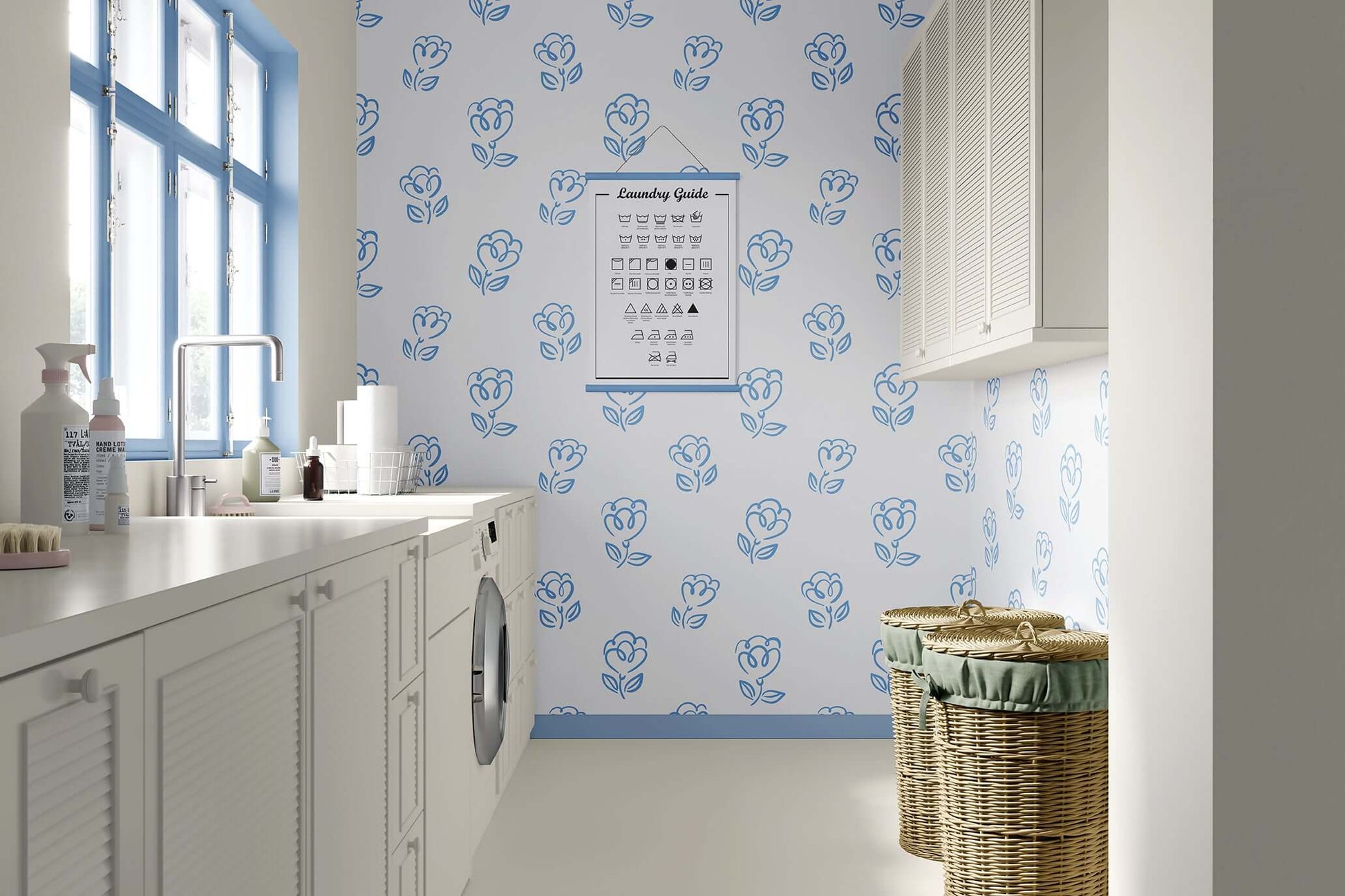Sweetheart Blooms wallpaper with blue floral design enhances a modern laundry room, ideal for nurseries and playrooms."
