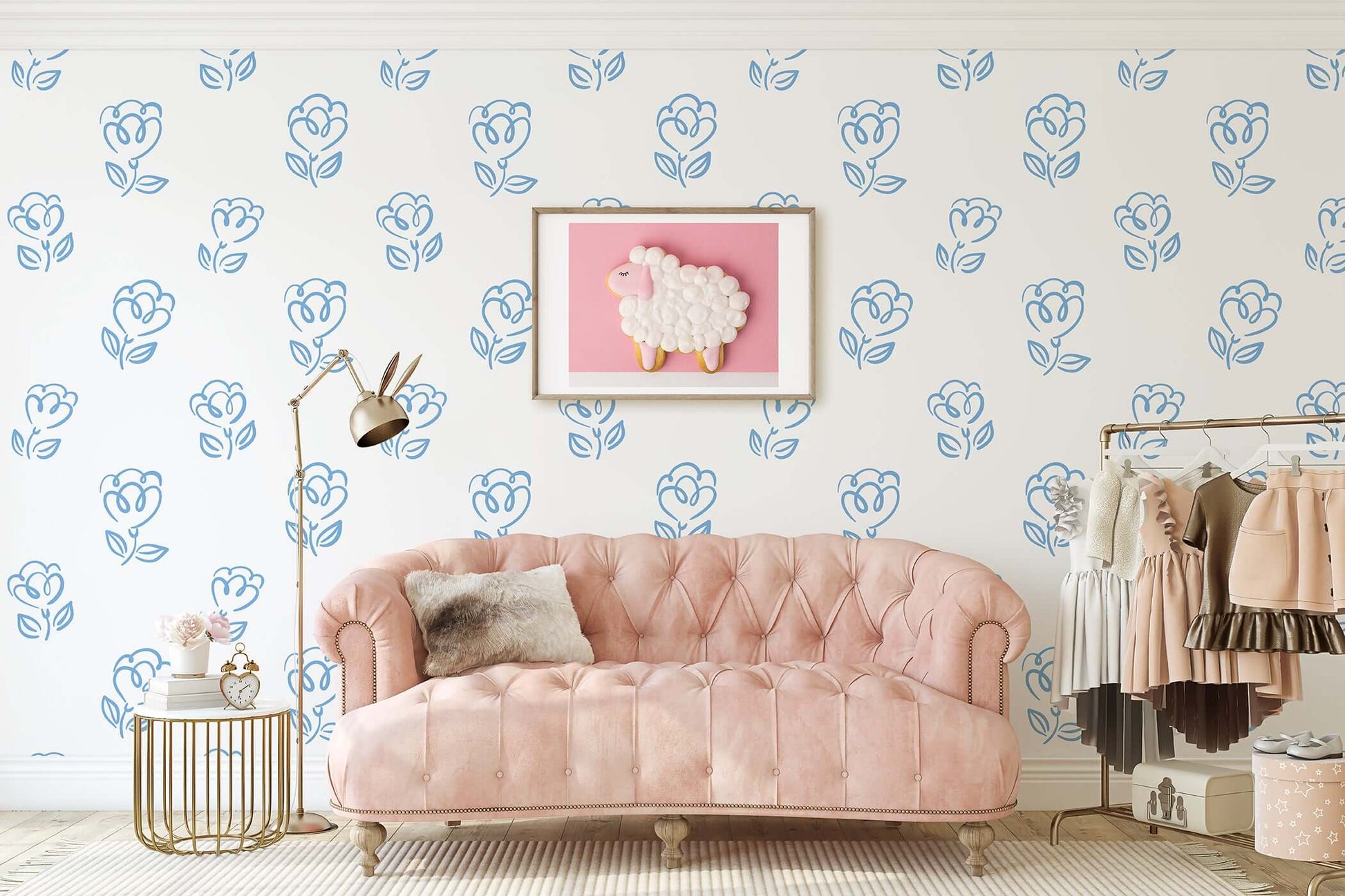 Sweetheart Blooms wallpaper with blue floral hearts on white, perfect for nurseries and kids' rooms, featuring abstract modern design.