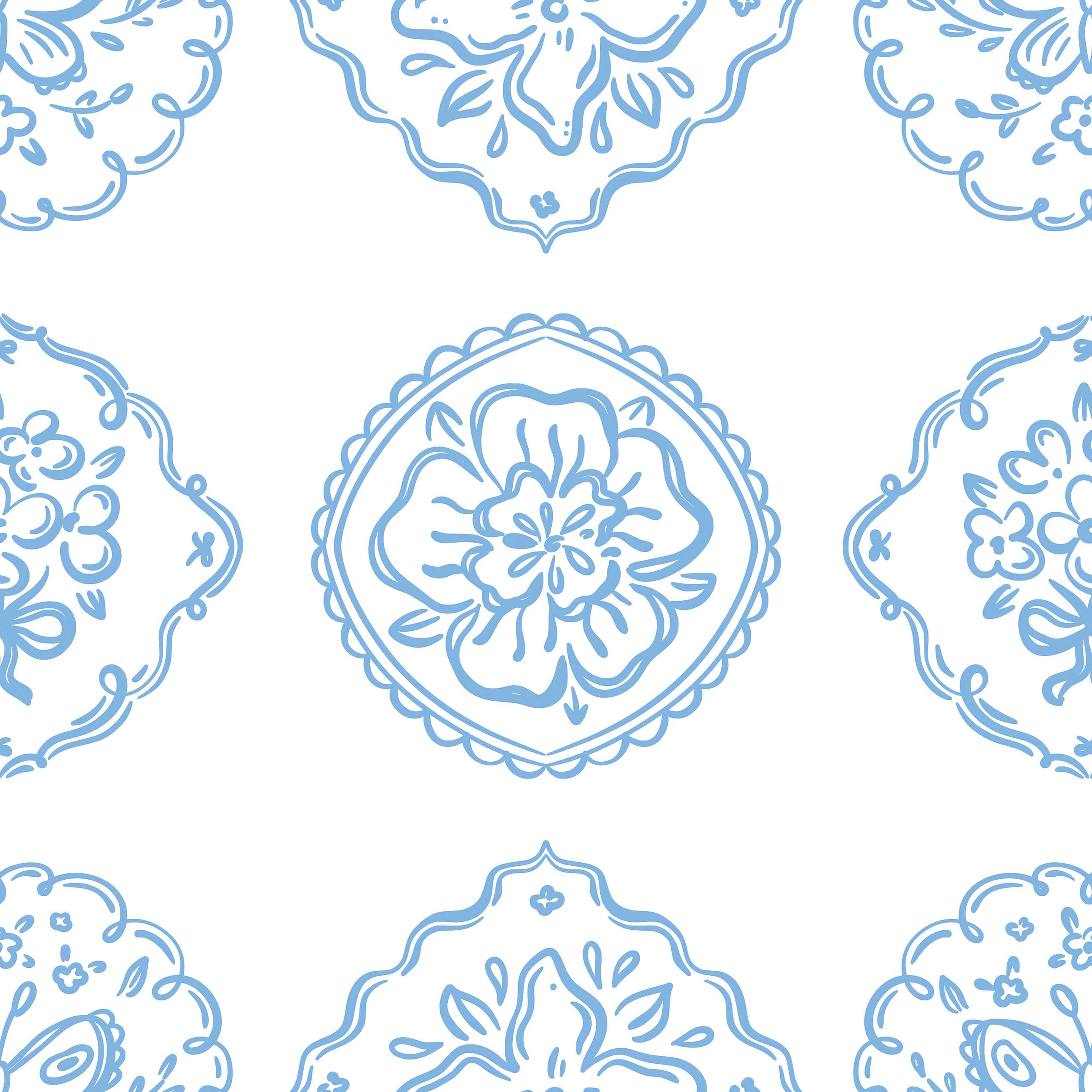 Chateau Garden floral wallpaper with blue hand-drawn medallions, ideal for French style nurseries and playrooms.