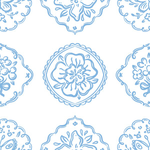 Chateau Garden floral wallpaper with blue hand-drawn medallions, ideal for French style nurseries and playrooms.