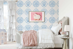 Elegant nursery with Chateau Garden wallpaper featuring blue floral medallions, blending French style with charm and sophistication.
