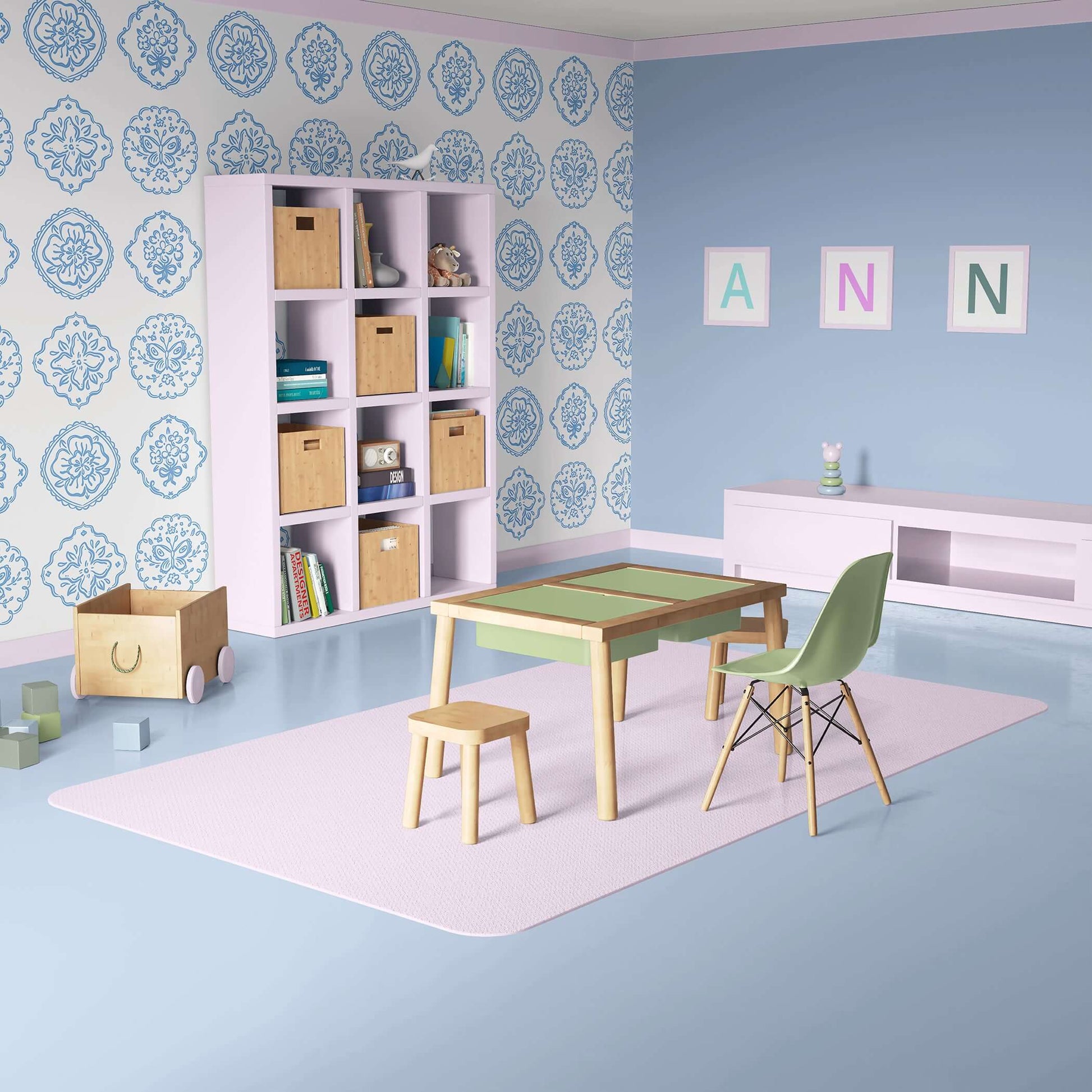 Chateau Garden wallpaper with soft blue floral medallions enhances a nursery playroom with French elegance and botanical charm.