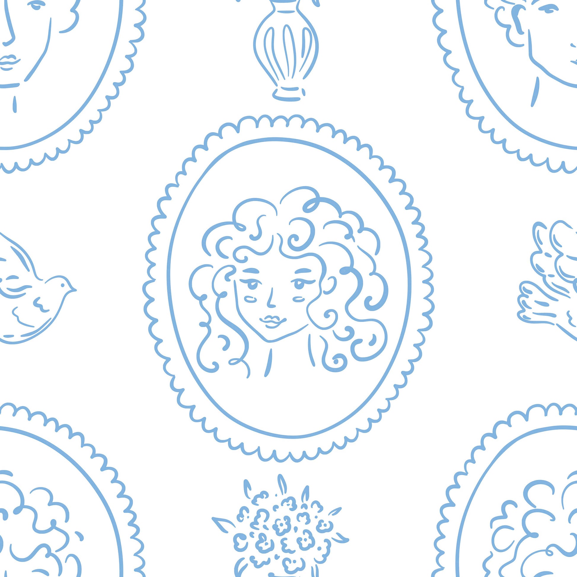 Hand-drawn curly-haired portraits with birds, florals, and vases in blue on white. French-inspired, vintage wallpaper design.