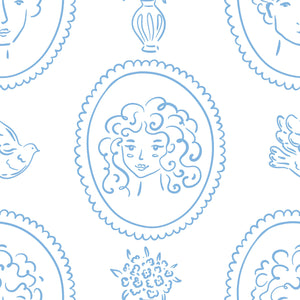Hand-drawn curly-haired portraits with birds, florals, and vases in blue on white. French-inspired, vintage wallpaper design.