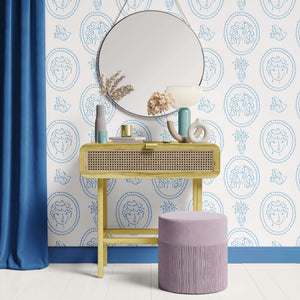 Curly Locks & Friends wallpaper with blue portraits and birds on white, French-inspired decor, modern and whimsical.