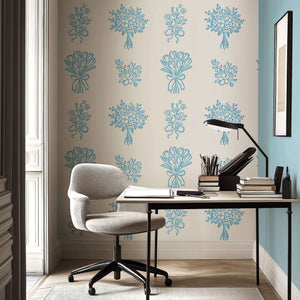 Blue Ink Botanicals wallpaper with hand-drawn blue floral patterns on white, perfect for timeless cottage and French country design.